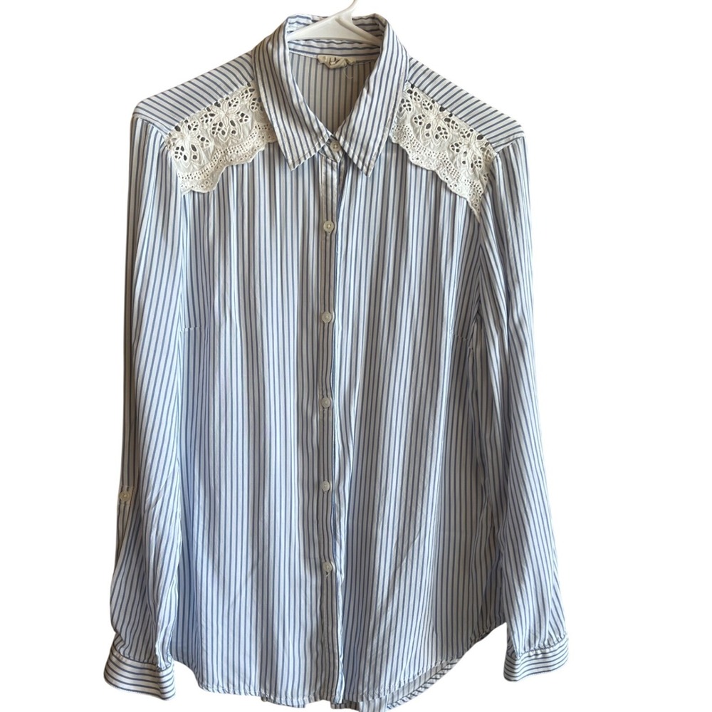 Tribal Jeans Blue White Striped Lace Shoulder Button Down Shirt Womens Medium